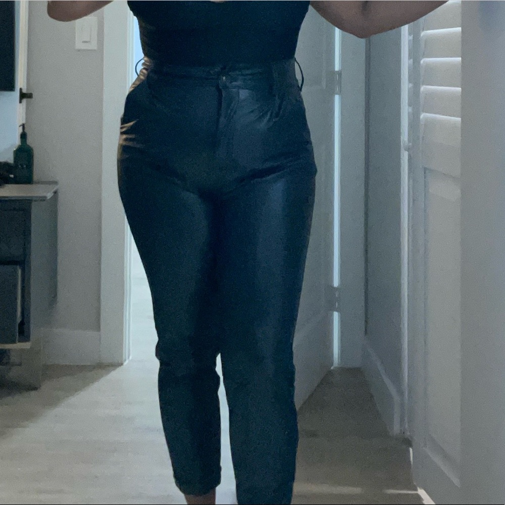 Navy faux leather high waist pants
